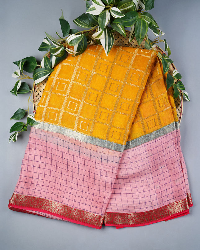 Chiffon Saree Gold Weaving Checks with Gap Border- Yellow