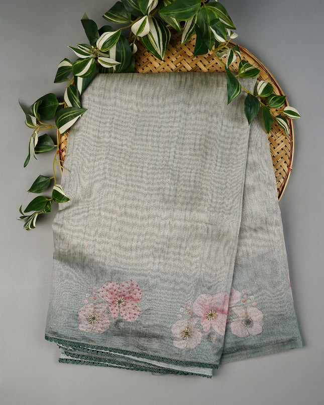 Tissue Lenin Saree with Floral Print and Kardhana Work and Lace Border- Pista Green