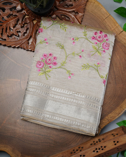 Mangalagiri Silk Saree with Thread Embroidery Butties and Silver Border- Beige