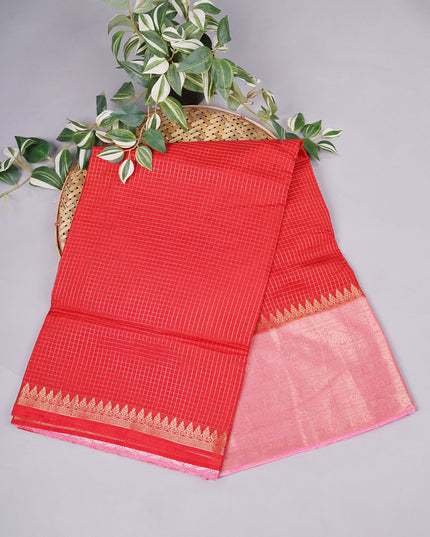 Green Silk Allover Golden Zari Weaving Checks design with Kanchi Border