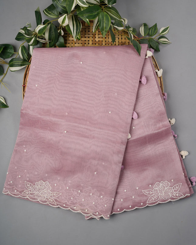 Tissue Linen Saree With Scallop Border With Pearl Work - Lavender