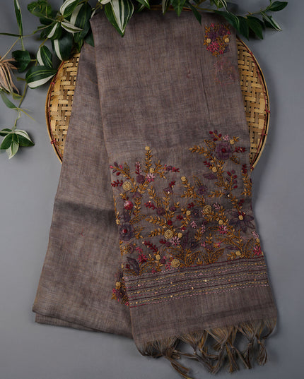 Tissue Linen Saree With Kantha Work & Contrast Border - Peach