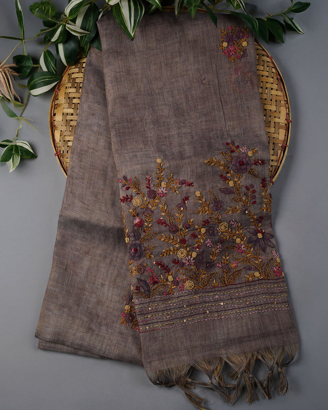 Tissue Linen Saree With Kantha Work & Contrast Border - Peach