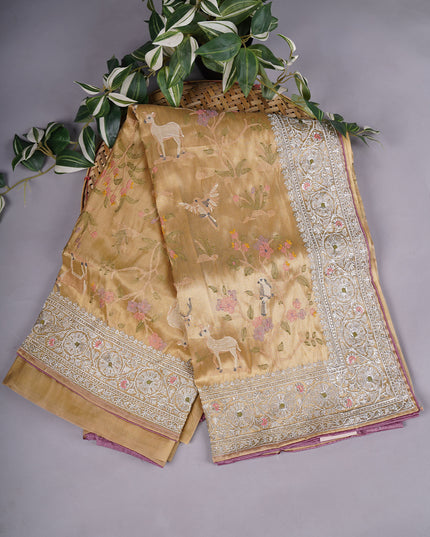 Tissue Soft Organza Silk with Zari & Thread Embroidery, Pichwai design - Light Green