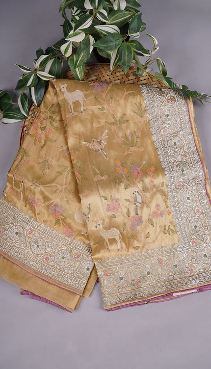 Tissue Soft Organza Silk with Zari & Thread Embroidery, Pichwai design - Light Green