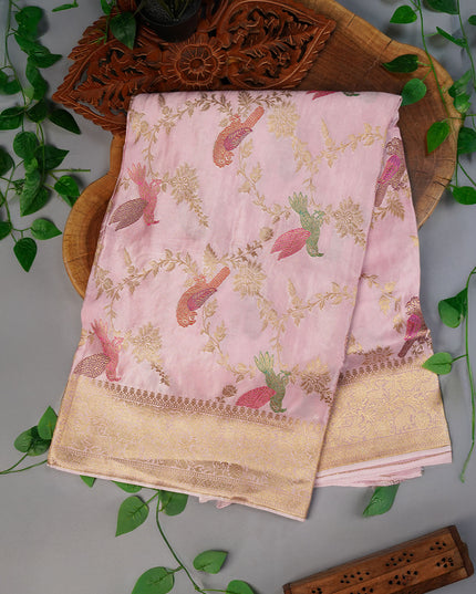 Banarasi Silk Saree with Meenakari Butties and Gold Border- Onion Pink