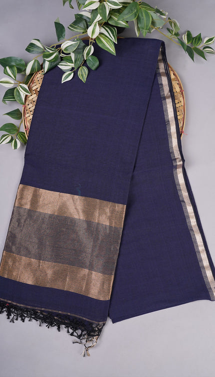 Cotton Antique Gold Zari Border - Navy Blue