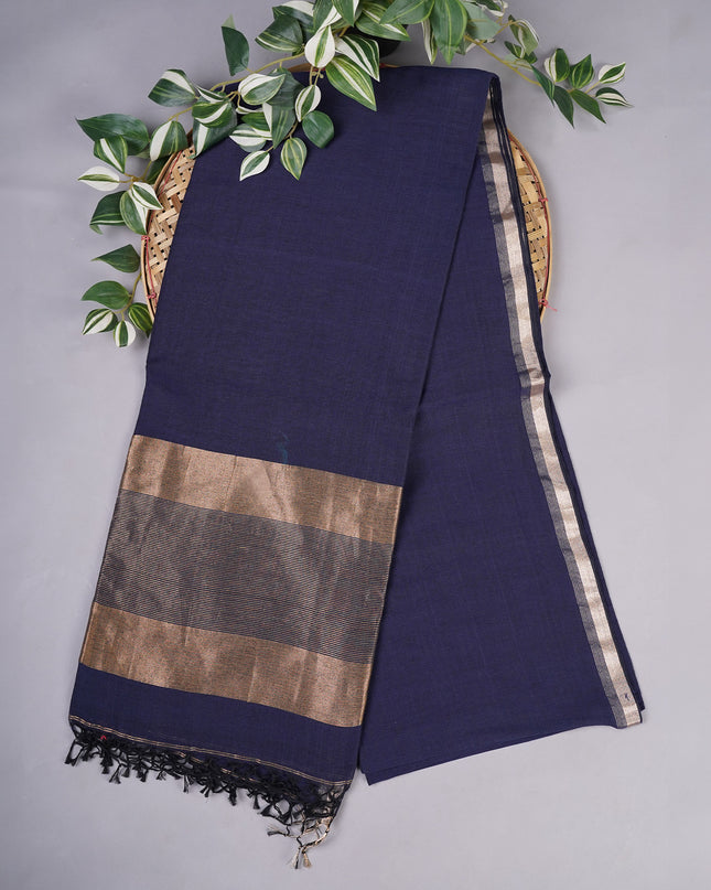Cotton Antique Gold Zari Border - Navy Blue