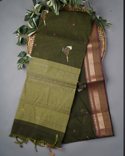 Handloom Cotton Thread Embroidery Butties And Gold Border - Olive Green