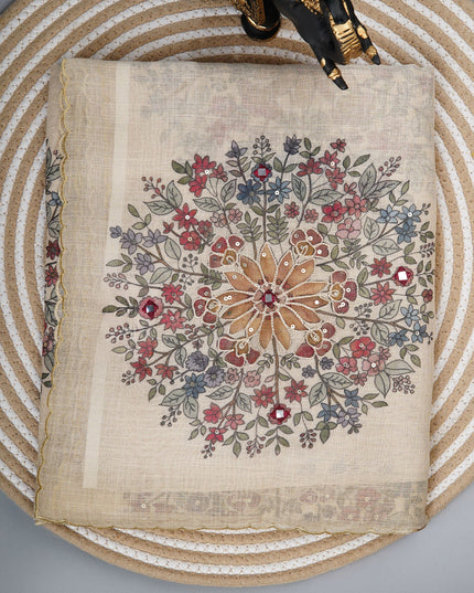 Tissue linen saree with floral Butties And Dori work With scallop border - Lemon Yellow