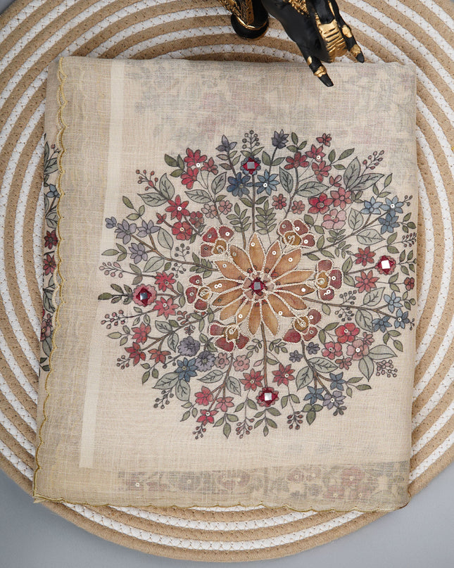 Tissue linen saree with floral Butties And Dori work With scallop border - Lemon Yellow