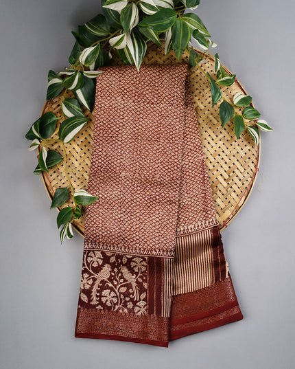Muslin Silk Saree with Antique Zari Border- Brown