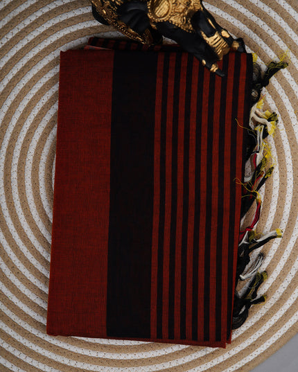 Cotton Handloom Saree with striped border - Rust