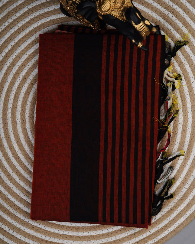 Cotton Handloom Saree with striped border - Rust