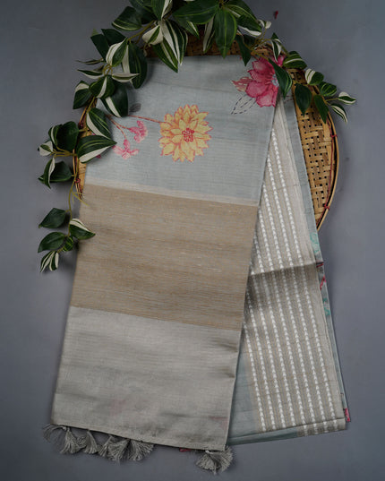 Tusser Silk Saree With Digital Floral Print - Mint Blue