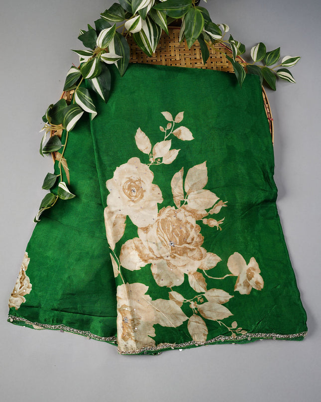 Binny Crepe Saree Floral Print Scallop Border Kardhana Sequence Work - Green