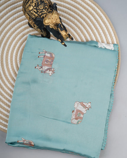 Mashru satin saree with pichwai butties and Parsi Work  lace border - Sea Blue