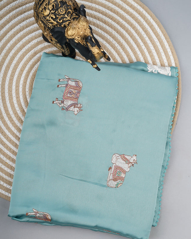 Mashru satin saree with pichwai butties and Parsi Work  lace border - Sea Blue