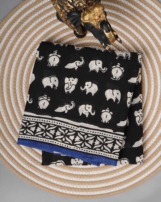 Mul cotton saree with Elephant print butties and contrast border - Black