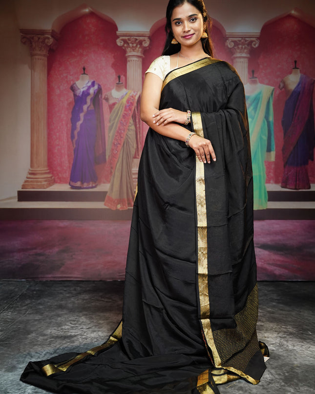 Binny Crepe Silk Saree With Golden Border - Black