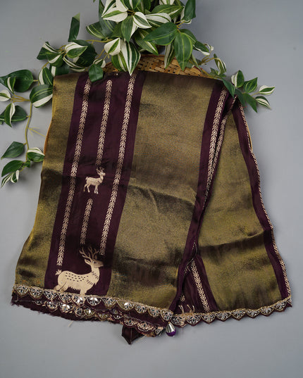 Banaras Silk Saree with Scallop Border with Khardana & Mirror Hand Work - Wine