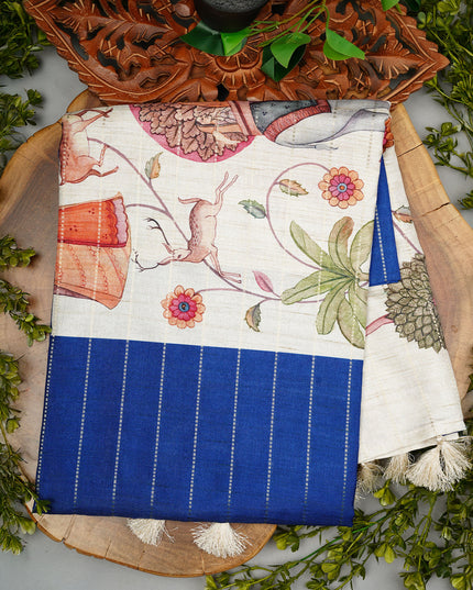 Tusser Silk Saree with Digital Print and Contrast Border- Blue
