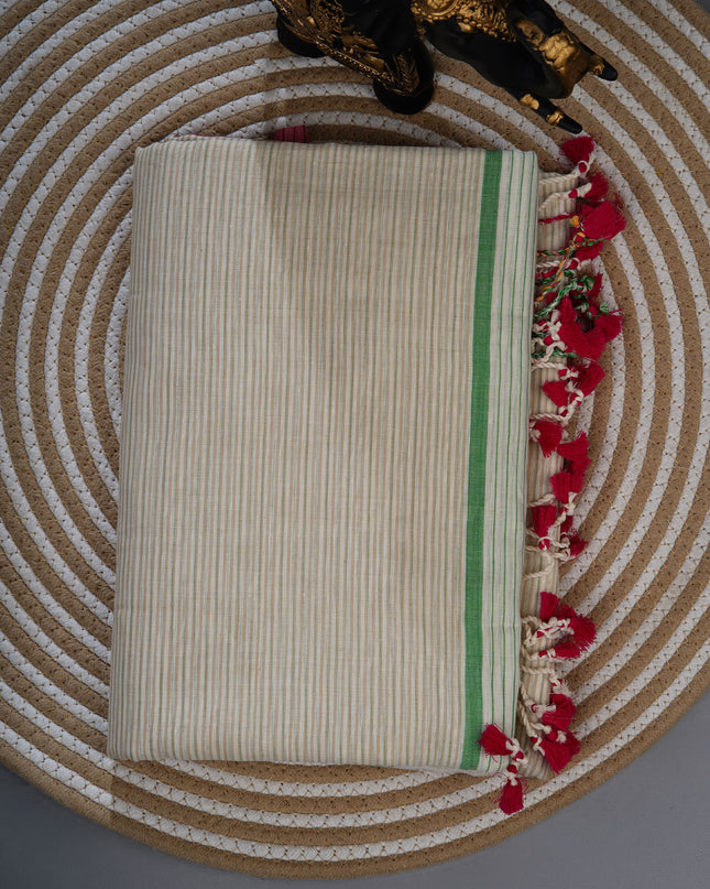 Mul cotton saree with  Allover stripes and contrast border - Off White