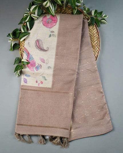 Tusser Silk Saree Floral with Contrast Border- Beige