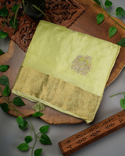 Russian Crepe with Zardozi Butties and Banaras Border- Pista Green