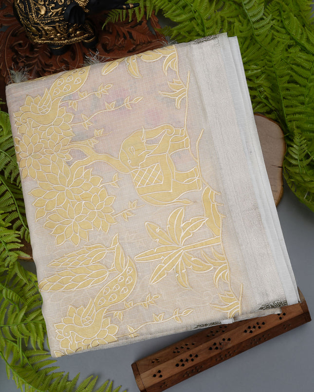 Kota Silk Saree with Mirror Work Applique Work with Silver Border - C Mustered