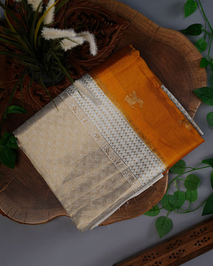 Dola Silk Saree with Golden Butties and Contrast Border- Yellow