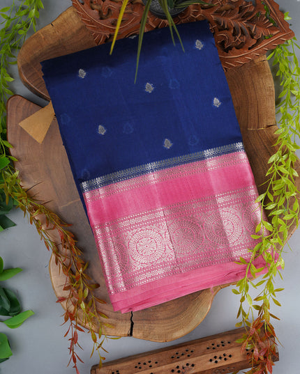 Chanderi Silk Saree With Golden Butties Contrast Border - Blue
