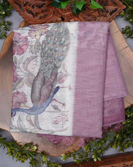 Lenin Silk Saree with Floral Print and Contrast Border- Light Pink