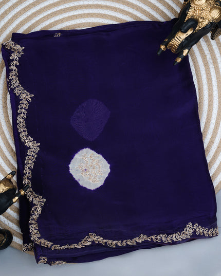 Russian Silk Zardozi Work with Scallop Border - Blue