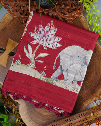 Tussar Silk Saree with Allover Mirror Work & Ari Work -  Maroon