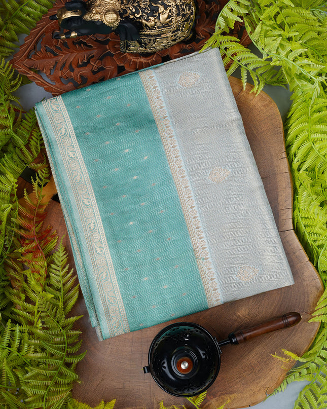 Tissue Banaras Golden Butties With Contrast Border - Sea Green