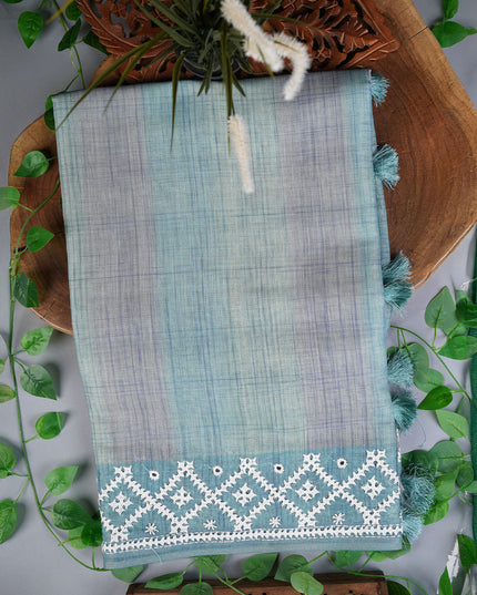 Tissue Lenin Saree with Thread Work Border- Sea Blue