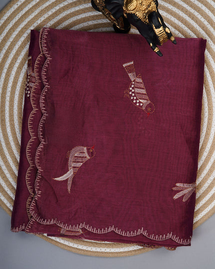 Linen saree with thread work motifs and scallop border - Wine