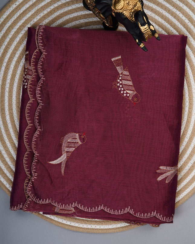 Linen saree with thread work motifs and scallop border - Wine