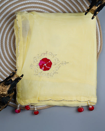 Russian Silk saree with Kardhana and applique Work with Scallop Border - L Yellow