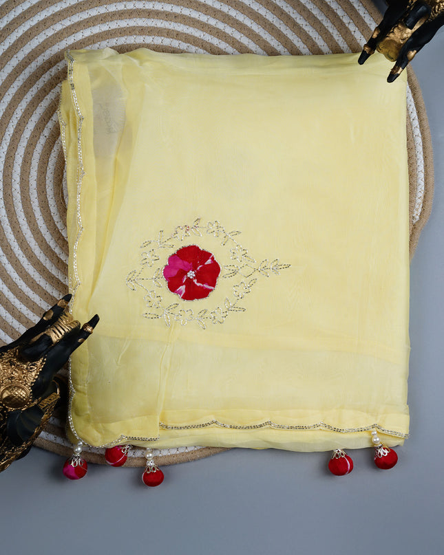 Russian Silk saree with Kardhana and applique Work with Scallop Border - L Yellow