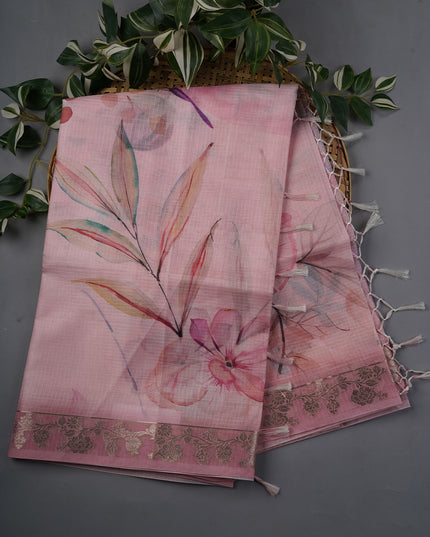 Silk Kota Floral Print with Banaras Border- Light Pink