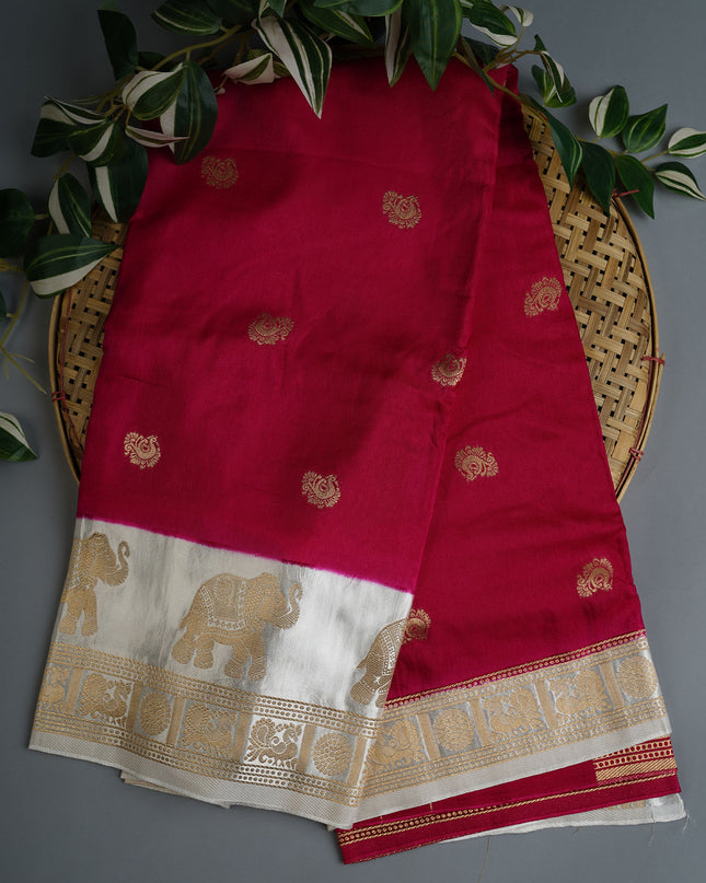 Dola Silk Saree With White Border Golden Zari Butties - Pink