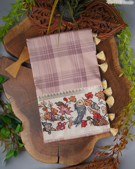 Semi Tusser Saree With Contrast Border - Peach