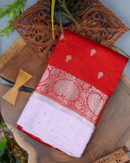 Chiniya Silk Saree with a contrasting lavender Border featuring intricate Gold & Silver Zari work - Red