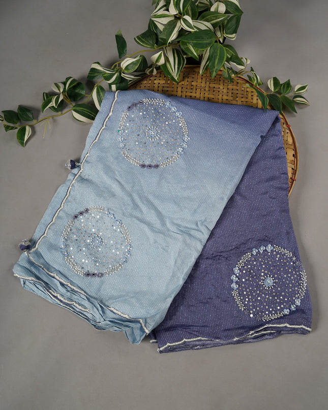 Georgette Saree With Scallop Border With Kardana & Pearl Work - Blue