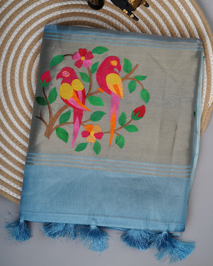Soft organza saree with embroidered parrot motifs - Blue