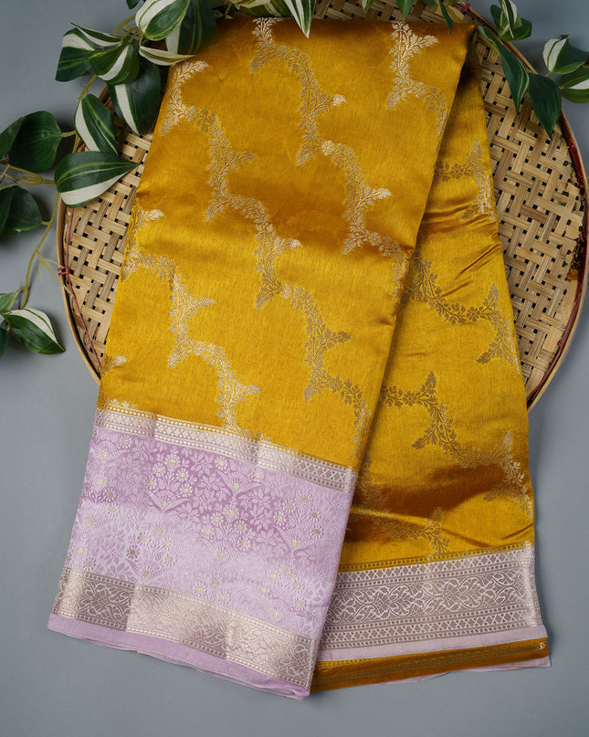 Chenderi Silk With Lehariya Weaving With Contrast Gap Border - Mustered