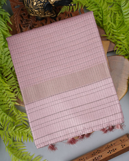 Tusser Weaving Checks Floral Print with Golden Border - Sage Green