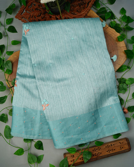 Jute Tusser Knot Work Butties with Satin Border- Mint Blue